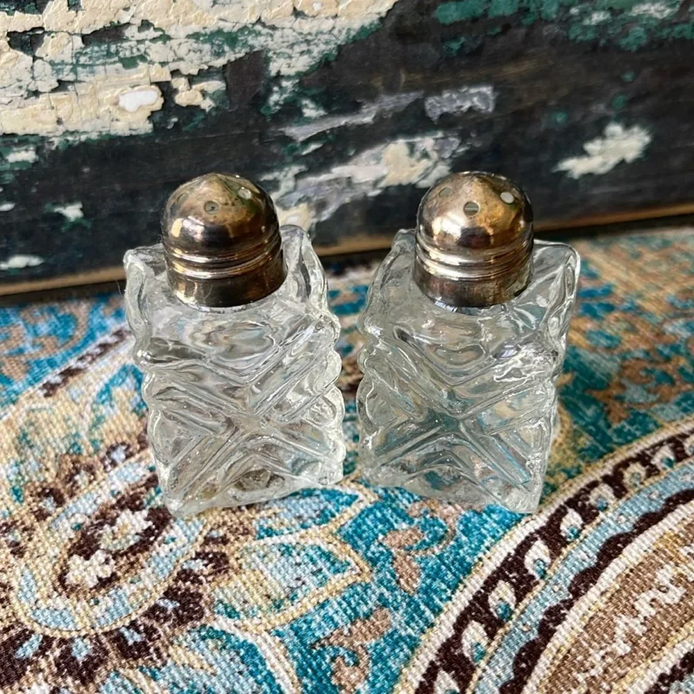 Hong Kong Mini Glass Salt Pepper Shakers Silver Tone Tops 1960s–1970s
